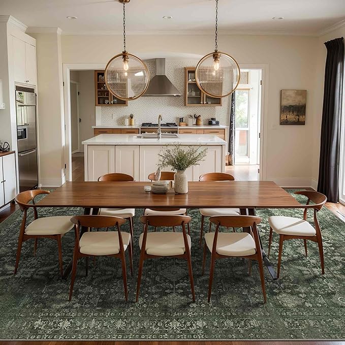 Rugxara 9x12 Area Rugs for Living Room Bedroom, Large Washable Rug, Green Vintage Floral Boho Rug, Non Slip & Low Pile Faux Wool Thin Carpet for Indoor Dining Room and Kids Room(Green 9x12ft)