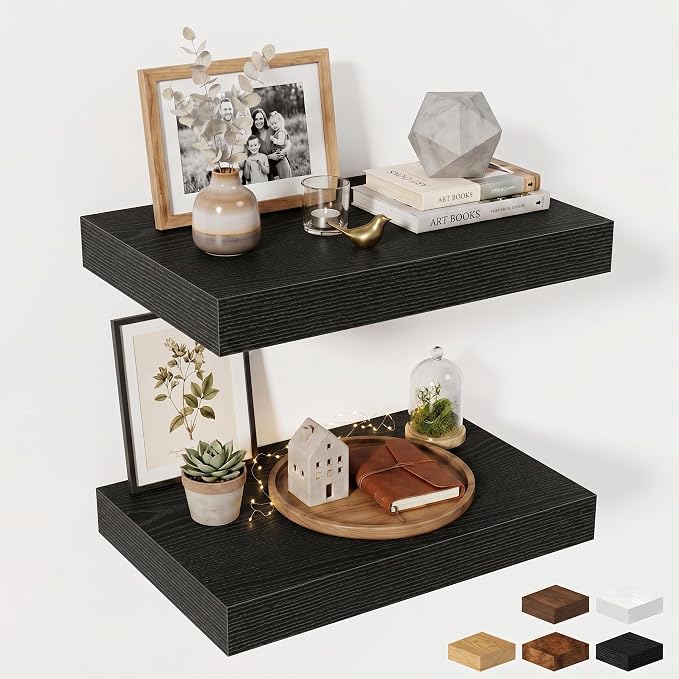 Fun Memories Wood Floating Shelves 20 Inch, 12 Inch Deep Shelves Wall Mount, Wall Shelves with Invisible Bracket, 20" Floating Shelves for Living Room Bathroom Bedroom, Black, Set of 2