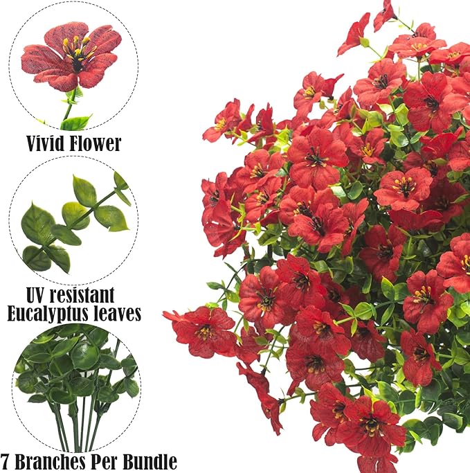 Grunyia Artificial Fake Flowers for Outdoor Spring Decoration, 16 Bundles Faux Silk Colorful Daisy UV Resistant Realistic for Outside Porch Patio Home Yard Garden Planters Pots Window Box (Red)