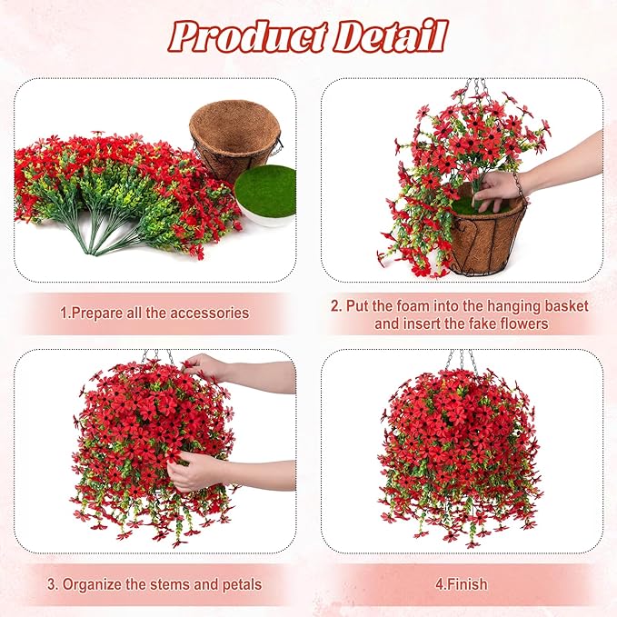 INXUGAO Artificial Hanging Flowers Plants with Basket for Outdoors, Realistic Faux Silk Daisy Flower Eucalyptus for Spring Decor, UV Resistant Fake Plants for Porch Patio Yard Balcony (Red)