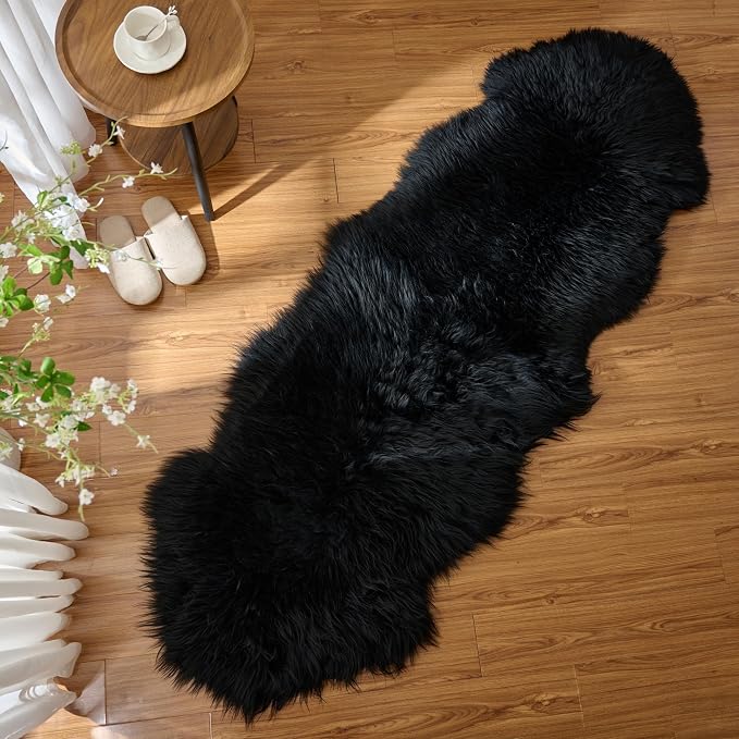 Premium Genuine Sheepskin Area Ruge - Real Wool Fur Shaggy Carpet | Fluffy Soft Natural Lambskin Rug Seat Chair Covers for Couch Sofa Bedroom Living Room(Black,2×6 Feet Sheepskin)