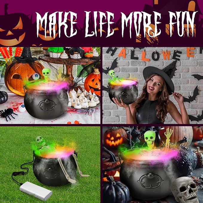Halloween Decorations Indoor - Witch Cauldron with LED Fog Maker & Poseable Skeleton - Spooky Hocus Pocus Party Decor for Home, Table, Mantel, Kitchen - Vintage Magic Brew Cauldron Set