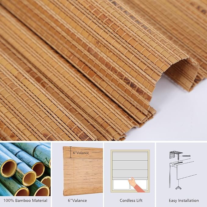 LETAU Cordless Wood Window Shades Blinds, Bamboo Blinds for Reduce Bright Light - Bamboo Roman Shades for Home & Offices, Almond Brown, 33.5" W x 48" L
