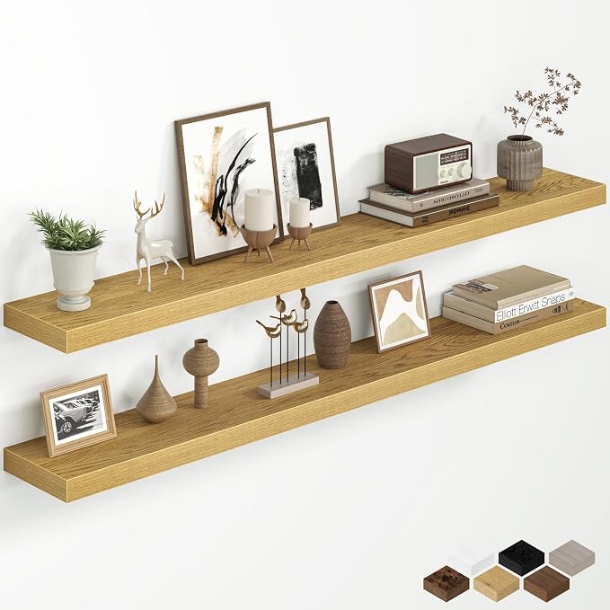 Fun Memories 55 Inch Floating Shelves for Wall, 8 Inch Deep Rustic Wood Wall Mounted Shelves with Invisible Brackets for Bathroom, Bedroom, Kitchen & Living Room Storage Decor, Oak, 2 Pack