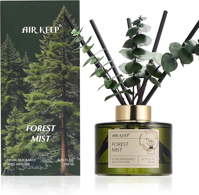 Airkeep Reed Diffuser Set with 6.76 fl oz Forest Mist Scent Essential Oils and 3 Leaves & 8 Diffuser Sticks,Bathroom Shelf Decor & Air Freshener, House Bedroom Office Decor & Gifts
