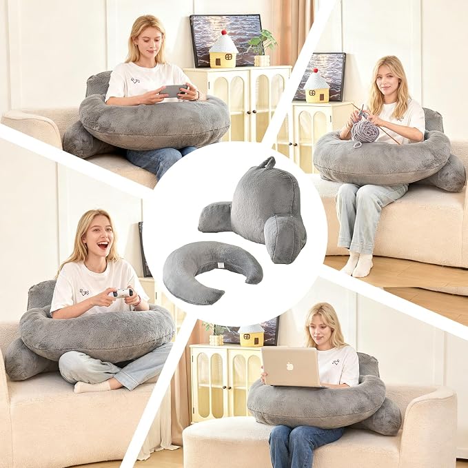 17" Reading Pillow for Bed,U Shaped Arm & Elbow Support,Gray Faux Fur | Backrest Supports Back,U Shaped Lap Pillow Cushions Arms,Elbows & Wrists,Plush Faux Fur for Reading,Gaming,Watching TV