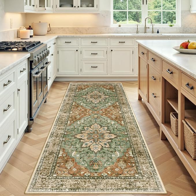 RELEANY Area Rugs 3'x6' Runner Rug Non Slip Washable for Kitchen Hallway Bedroom Beside Laundry Room Bathroom Rug, Floor Carpet, Brick Red Rust Neutral Brown Burnt Orange Green
