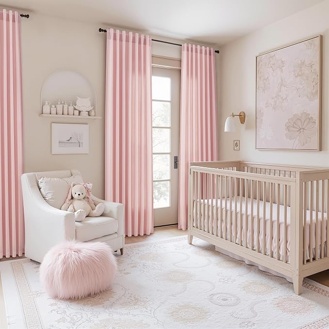 Jowels Pink Linen Curtains 108 Inch Long 2 Panels for Living Room | Light Filtering Semi Sheer Curtain, Back Tab Pocket Pleated Look, Boho Farmhouse Textured Privacy Drapes for Bedroom Window