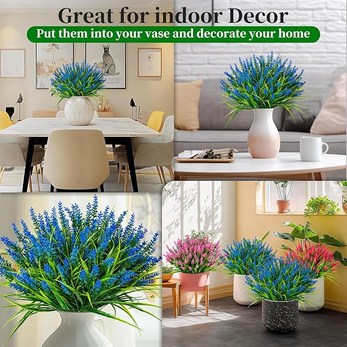 Nigirior Artificial Flowers for Outdoor Plants 24 Bundles Fake Lavender Plastic Faux Monkey Grass for Verandah Window Garden Office Patio Front Porch UV Resistant for Planter(Blue)
