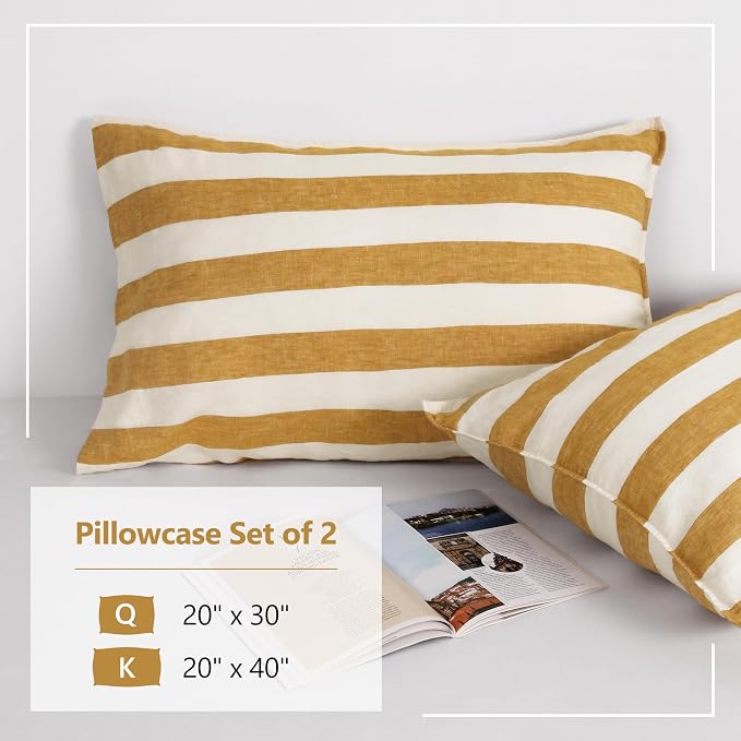 Striped Linen Pillow Cases Set of 2,20"x40" King Size,100% French Natural Flax Soft Linen Pillowcases,Yellow Stripe