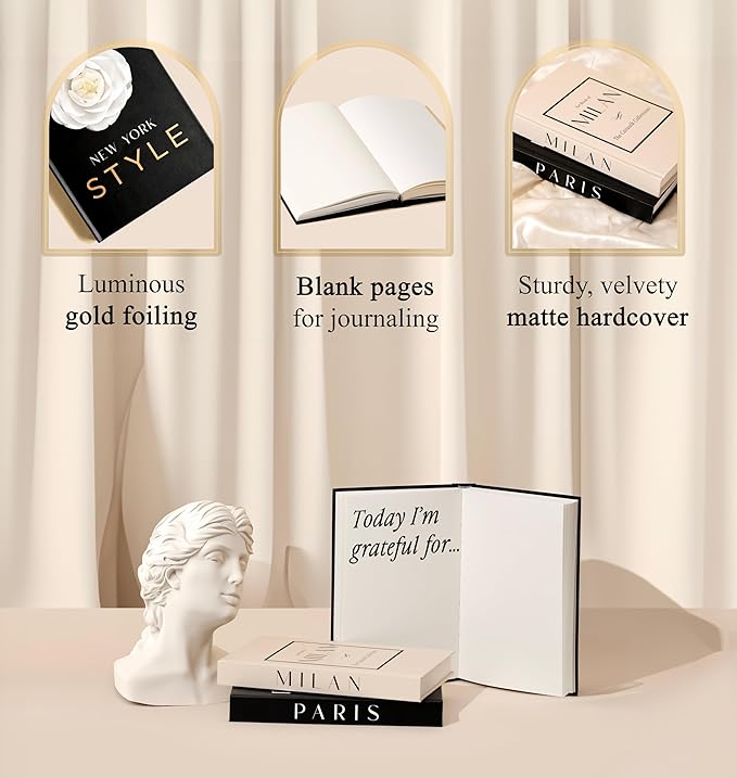 Decorative Books for Home Decor, Small Fake Books for Decoration with Blank Pages – Fashion Designer Coffee Table Book Decor Set of 3, Modern Book Stack Shelf Decor – Hardcover, Black/Cream