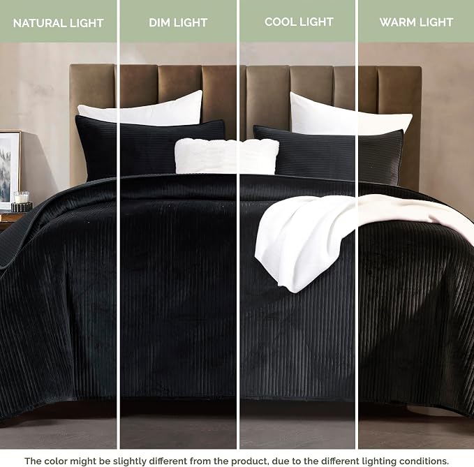 Elegant Comfort Luxury 3-Piece Velvet Corduroy Stripe Quilt Set, Ultra Soft Bedspread - Cozy Velvet Coverlet Set - 3PC Medium Weight Quilted Set with Matching Pillow Shams, Twin, Black
