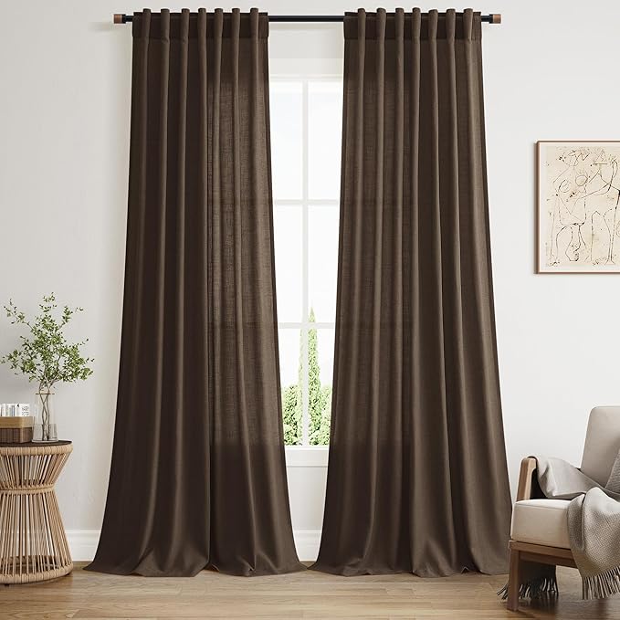 Chocolate Linen Curtains 90 Inch Long 2 Panels Set for Bedroom Living Room, Soft Linen Textured Window Drapes Semi Sheer Light Filtering Rod Pocket Back Tab Morden Style 52x90
