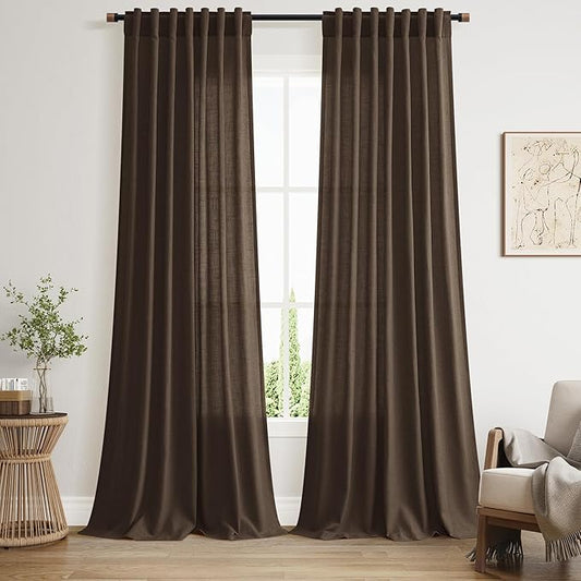 Chocolate Linen Curtains 90 Inch Long 2 Panels Set for Bedroom Living Room, Soft Linen Textured Window Drapes Semi Sheer Light Filtering Rod Pocket Back Tab Morden Style 52x90