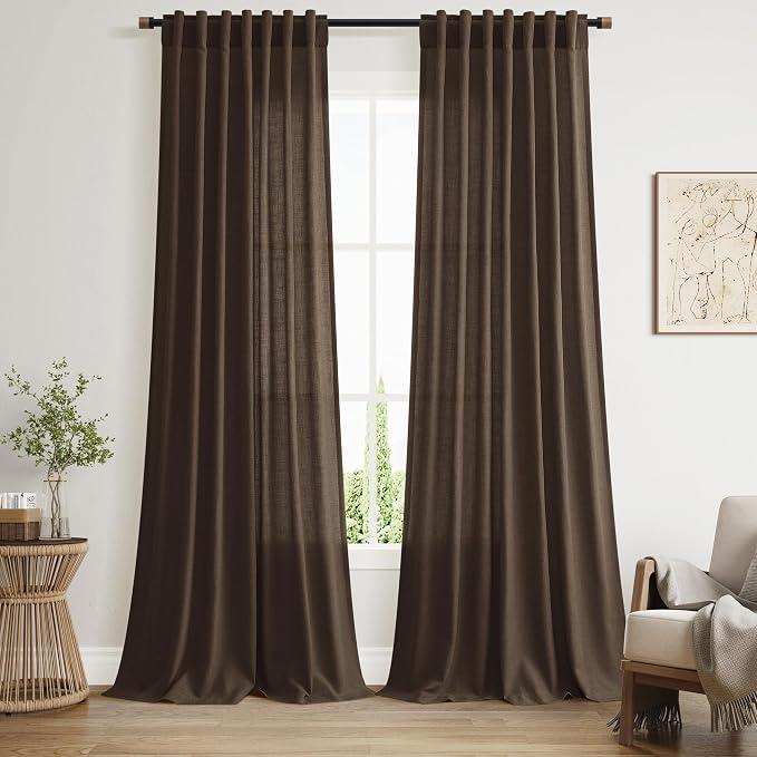 Nanspring Chocolate Linen Blend Light Filtering Back Tab Curtains 102 Inches Long, Semi Sheer Privacy Drapes for Living Room & Bedroom, 52x102 inch, 2 Panels