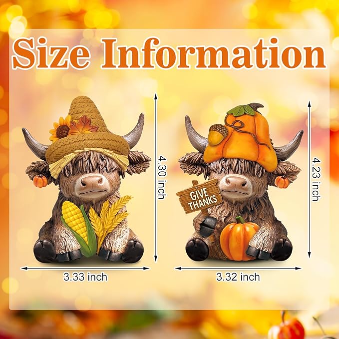 Karenhi 2 Pcs Fall Thanksgiving Day Highland Cow Figurines Harvest Pumpkin Highland Cow Gnomes Scottish Resin Statue Calf Lovers Gifts for Home Garden Kitchen Office Tiered Tray Table Decor