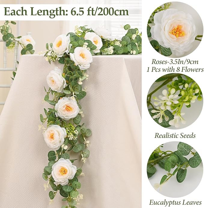 Dolicer 2Pcs 13Ft Artificial Eucalyptus Garlands with Flowers, Faux Floral Greenery Garlands Fake Flowers Vines for Wedding Table Centerpieces Arch Party Ceremony Backdrop Decor (White)