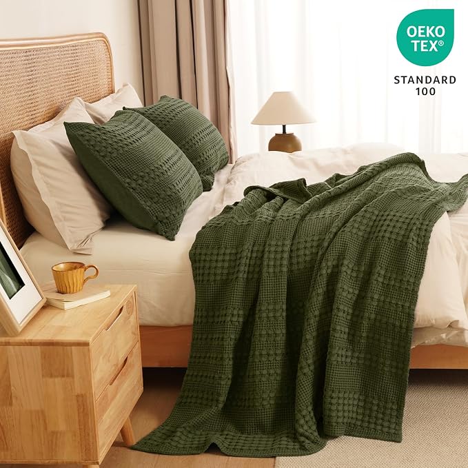 PHF 100% Cotton Waffle Throw Blanket for Couch, Lightweight Breathable and Soft for Summer, Luxury Aesthetic Waffle Weave Blanket for Home Decor & Office, Gifts for Women, 50"x60", Capulet Olive