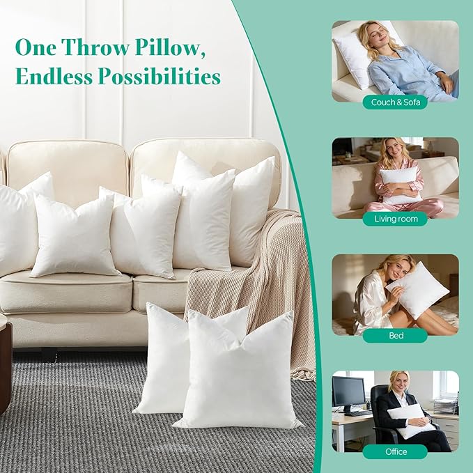 APSMILE 12x20 Pillow Insert, Lumber Down Feather Throw Pillows Set of 2 with Organic Cotton Cover, Soft Decorative Pillows for Couch Living Room,Sofa,and Bed（White）