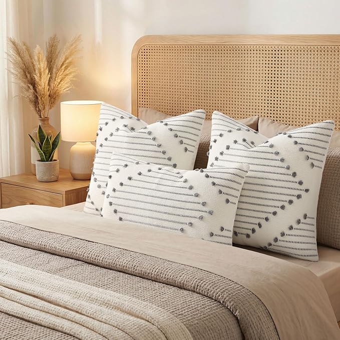 Mecatny Boho Outdoor Throw Pillow Covers 20X20 Set of 2, Farmhouse Decorative Pillow Covers for Couch Sofa Living Room, Grey & Cream White