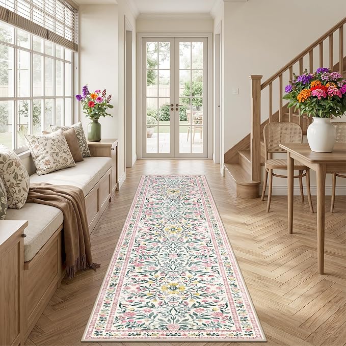 Runner Rug for Entryway: 2x5 Kitchen Rugs Non Slip Washable Ultra-Thin Soft Floral Carpet Indoor Floor Stain Resistant Carpets for Hallway Bedroom Kitchen Laundry Bathroom Dorm Pink/Green