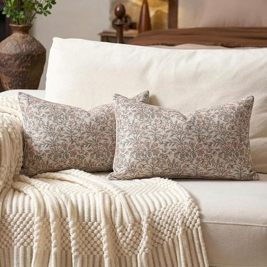Amor Virisso Floral Throw Pillow Covers 12 x 20 Set of 2 Vintage Block Print Pillow Covers Decorative Pillow Covers Couch Pillows for Living Room Farmhouse Accent Sofa Pillows, Red/Sand