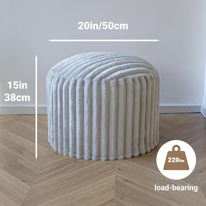 Round Stuffed Pouf Ottoman, Stripe Faux Fur Footrest, Solid Block Support+Soft Cushion Comfort, Removable Washable Cover, 20" Floor Pouf for Living Room Bedroom Dorm Vanity Under Desk, Gray