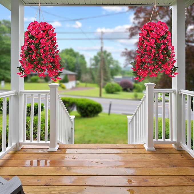 Sggvecsy Artificial Fake Hanging Flowers Plants for Outdoor Outside Spring Summer Decoration 2PCS Faux Silk UV Resistant Realistic Morning Glory Trailing Vines for Home Porch Patio Balcony(Rose red)
