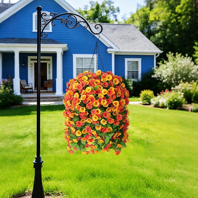 INXUGAO Artificial Flowers with Hanging Basket, Outdoor Faux Plants Silk Morning Glory Vines, Fake Green Arrangement for Garden Patio Spring Summer Decor(4pcs,Orange)