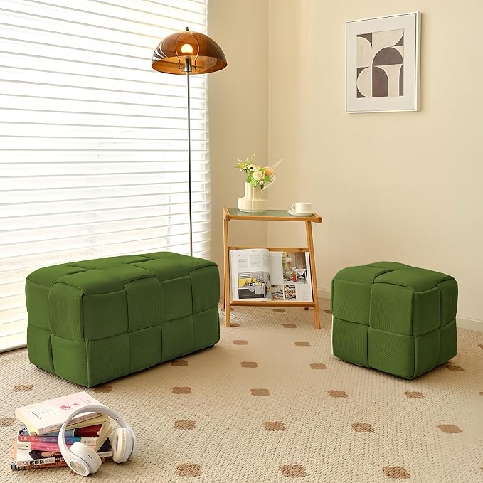 Cmishe 28" Rectangular Woven Corduroy Ottoman Footrest - Large Modern Entryway Bench & Bed End Stool, Sturdy Wood Frame, No Assembly (Green-L)