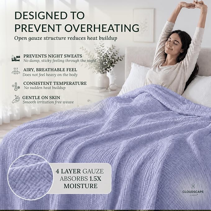 CLOUDSCAPE 4 Layer Muslin Blanket for Adults, 100% Cotton Blanket King Size, 92" x108'' Oversized Fits Upto Cal King Bed, Soft Lightweight Breathable Layering Cotton Summer Blankets - Lavender Blue