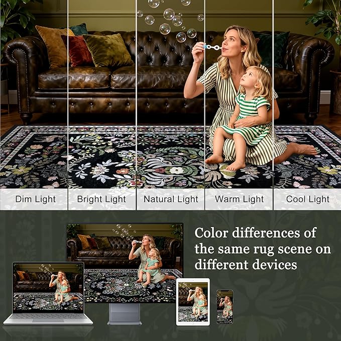 8x10 Area Rugs Living Room Rug: Vintage Washable Rug Floral Soft Carpet Indoor Floor Non-Slip Boho Stain Resistant Large Carpets for Bedroom Kids Nursery Dining Room Farmhouse Home Office Black