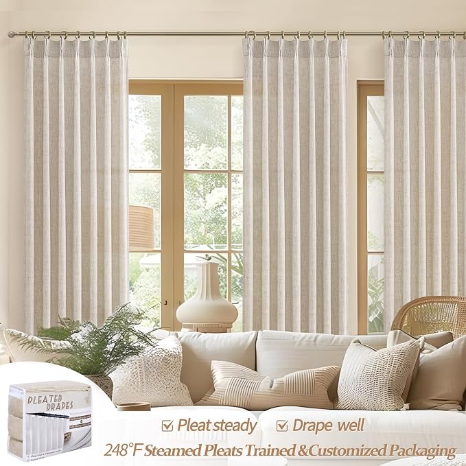 Pleated Natural Linen 95 Inch Curtains 2 Panel Set for Living Room, Rustic Farmhouse Pinch Pleat Semi Sheer Curtain Light Filtering Privacy Ceiling Track Nursery Window Drapes 40"W x 95 Inches Length