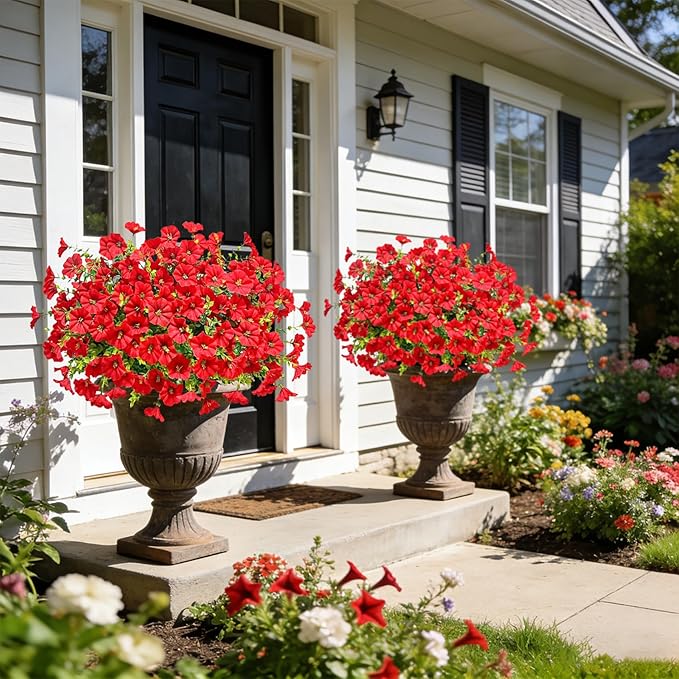 Ouddy Decor 24 Bundles Artificial Flowers for Outdoors, Fake Petunias Flowers Silk Morning Glory with Eucalyptus Faux Plants for Indoor Outside Spring Summer Yard Garden Porch Home Decor, Red