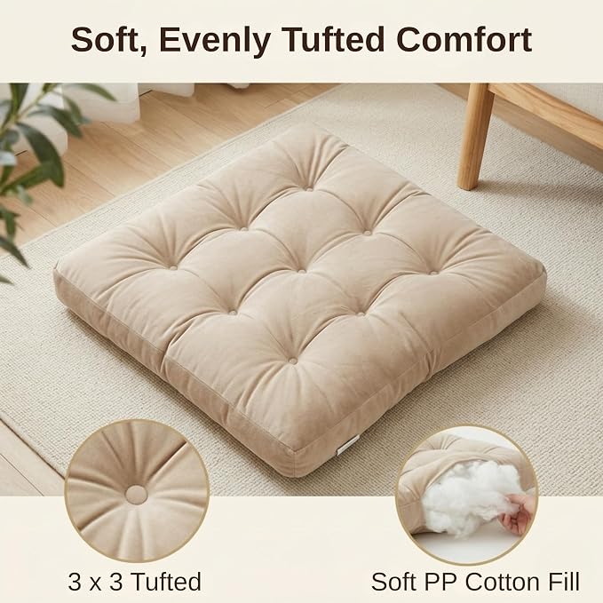 Floor Pillows for Adults Set of 2, Soft Velvet Floor Cushions for Sitting, Square Tufted Floor Pillow Set for Reading Nook, Living Room, Bedroom, 22 x 22 Inch, Beige