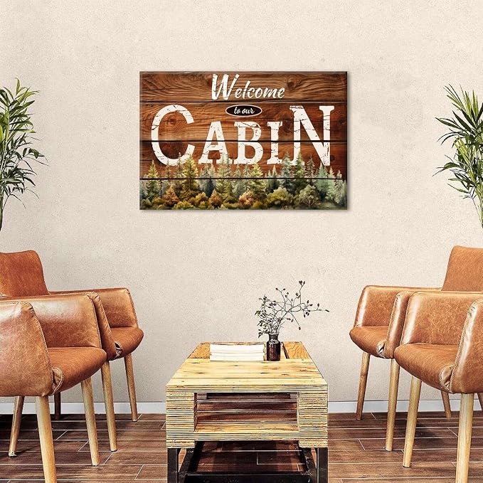 Cabin Wall Art Rustic Farmhouse Forest Wall Decor for Living Room Vintage Brown Wooden Grain Background Prints Welcome to our Cabin Picture Modern Artwork Bedroom Living Room Home Decorations 24x36"