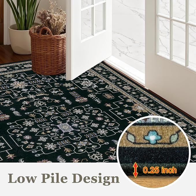 Round Area Rug for Living Room: 6ft Washable Vintage Boho Soft Thin Circle Rug Indoor Floor No Slip Stain Resistant Carpet for Bedroom Dining Room Farmhouse Nursery Home Office -Black