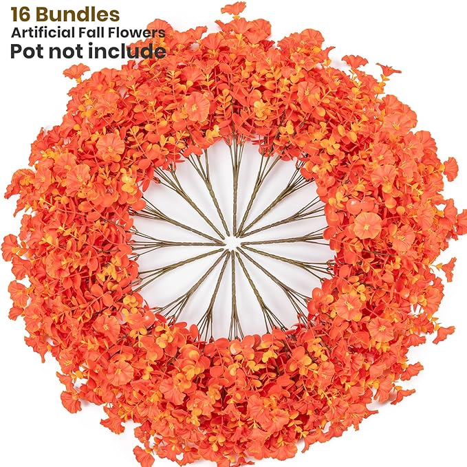 Nigirior Artificial Faux Flowers for Outdoor 16 Bundles Boxwood Fake Morning Glory for Planter,UV Resistant Fake Flowers for Home Porch Patio Outside (Fall Red)