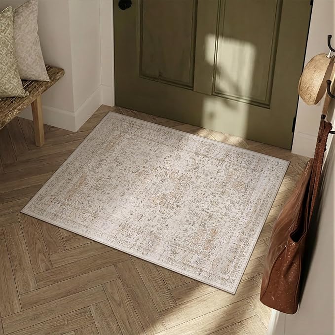 2x3 Washable Area Rug Beige Vintage Non Slip Soft Low Pile Small Rug for Entryway Kitchen Bathroom Distressed Oriental Throw Carpet for Living Room Bedroom Home Decor