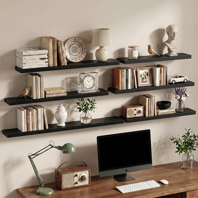 Vivelove 48 Inch Floating Shelves Wall Mounted for Display, 6.5 Deep Duty Shelves with Invisible Brackets for Living Room,Bedroom,Kitchen, Bathroom Storage & Decor,48" Wx6.5 Dx1.4 H - Black