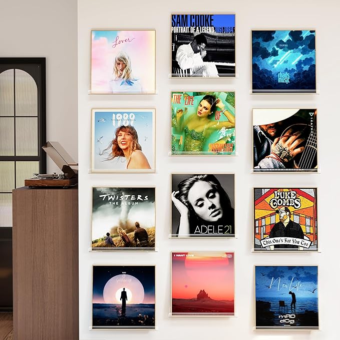 Laurensory 12 Pack Vinyl Record Shelf Wall Mount, 12-Inch Clear Acrylic Album Storage Holder, Floating Display Shelves for Wall Decor, Magazine Shelf, Kids Bookshelf, Suitable for Bedroom, Living Room