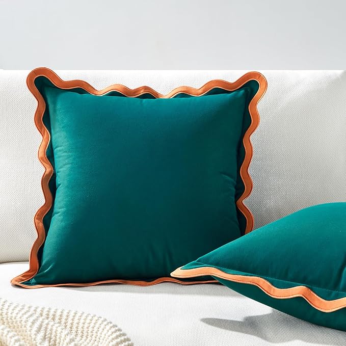 MONDAY MOOSE Decorative Throw Pillow Covers Cushion Cases, Set of 2 Soft Velvet Scalloped Wavy Edge Designs, Mix and Match for Home Decor, Pillow Inserts Not Included (16x16 inch, Coral/Dark Teal)