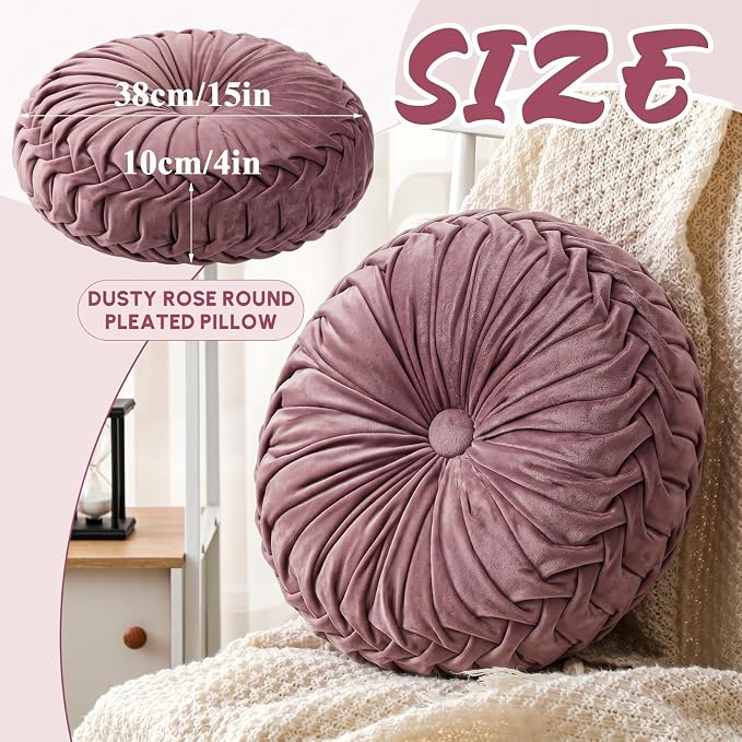 Drydiet 2 Pcs Round Throw Velvet Pillows Decorative Pleated Throw Pillows Diameter Accent Pumpkin Boho Chair Cushion for Couch Sofa Home Decoration (Dusty Rose,15'')
