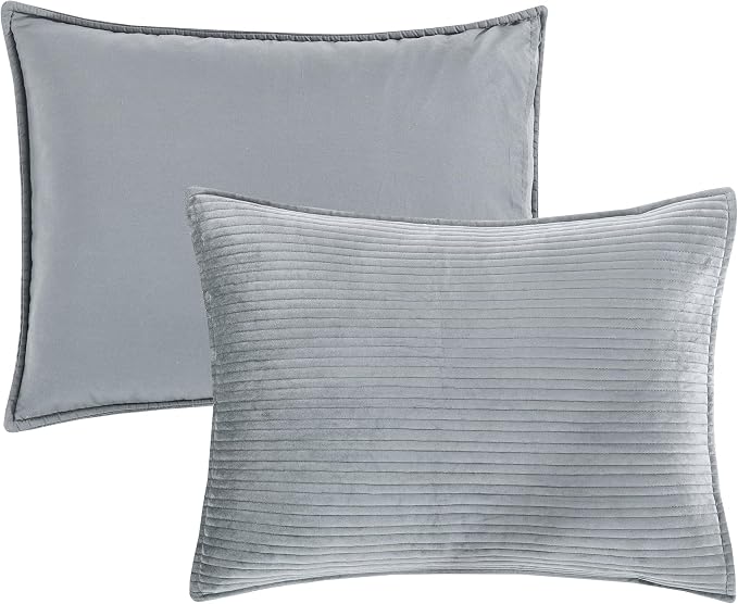 Elegant Comfort Luxury 3-Piece Velvet Corduroy Stripe Quilt Set, Ultra Soft Bedspread - Cozy Velvet Coverlet Set - 3PC Medium Weight Quilted Set with Matching Pillow Shams, California King, Gray