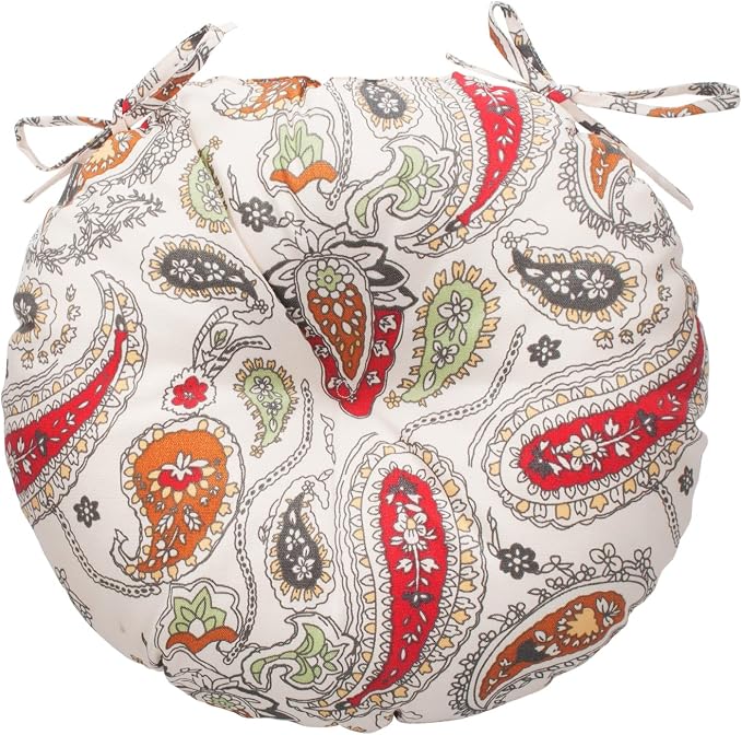 Magpie Fabrics Outdoor Round Bistro Seat Cushions with Ties, 15"x15"x4" Set of 2, Tufted Waterproof Barstool Chair Pads for Patio Home Garden Office, Paisley Beige Red