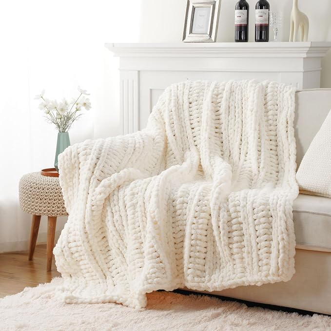 Battilo Chunky Knit Throw Blanket for Couch, 50"x60", White Cream | Hand Knit with Chunky Yarn, Gift blanket, Light Color, Cozy Warm Thick Soft Chenille Throw Blanket for Bed, Sofa, Living Room