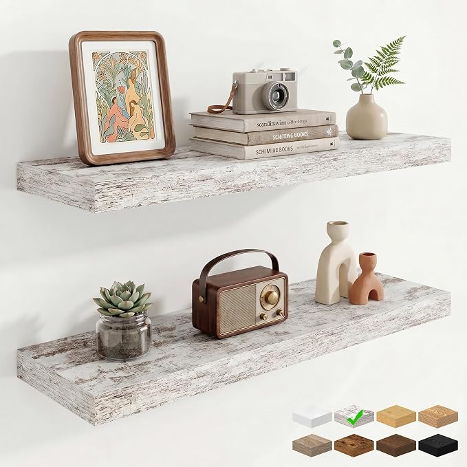 32in Floating Shelves for Wall, 32"W x 9.25"D x 1.25"H, 2 Pack Long Wall Mounted Engineered Wood Shelves with Invisible Brackets for Living Room, Bedroom, Bathroom, Kitchen, Vintage White