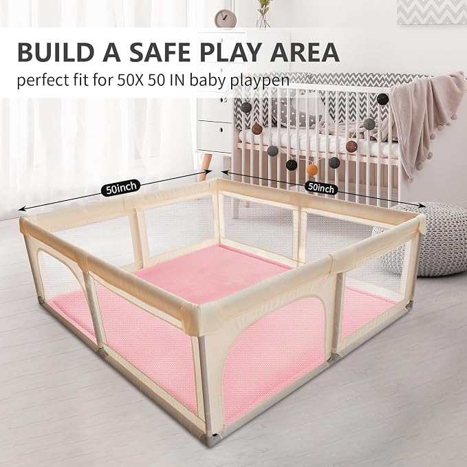 Huloo Sleep 2" Thick Extra Safety Baby Play Mat for Floor,Ultra Soft Elasti-Foam 50x50 Playpen Mat for Toddlers Infant Kids,Non-Slip Backing Safe for Crawling&Tummy Time,Tatami Style (Pink)