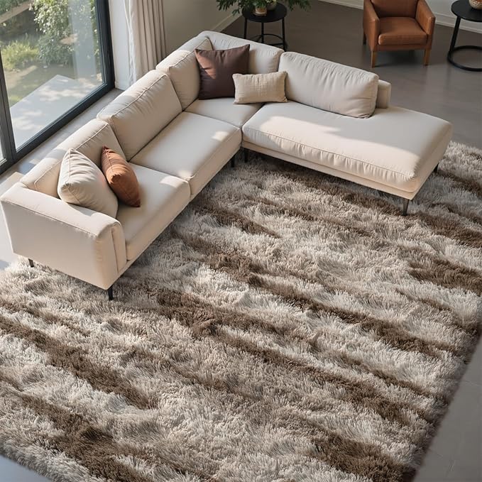 FinRèc 9x12 Rugs for Living Room Bedroom, Tie dye Light Brown Fluffy Shaggy Area Rug, Non-Slip Soft Shag Rug for Nursery Kids Room Dorm Room Home Decor, Indoor Plush Floor Carpet
