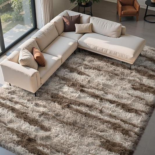 FinRèc 9x12 Rugs for Living Room Bedroom, Tie dye Light Brown Fluffy Shaggy Area Rug, Non-Slip Soft Shag Rug for Nursery Kids Room Dorm Room Home Decor, Indoor Plush Floor Carpet